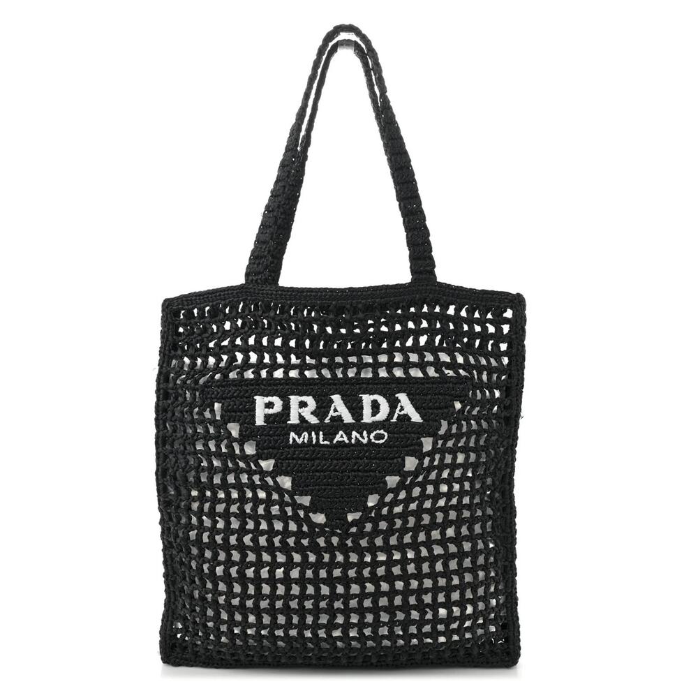 PRADA Black Raffia Crochet Embroidered Logo Woven Tote Bag
